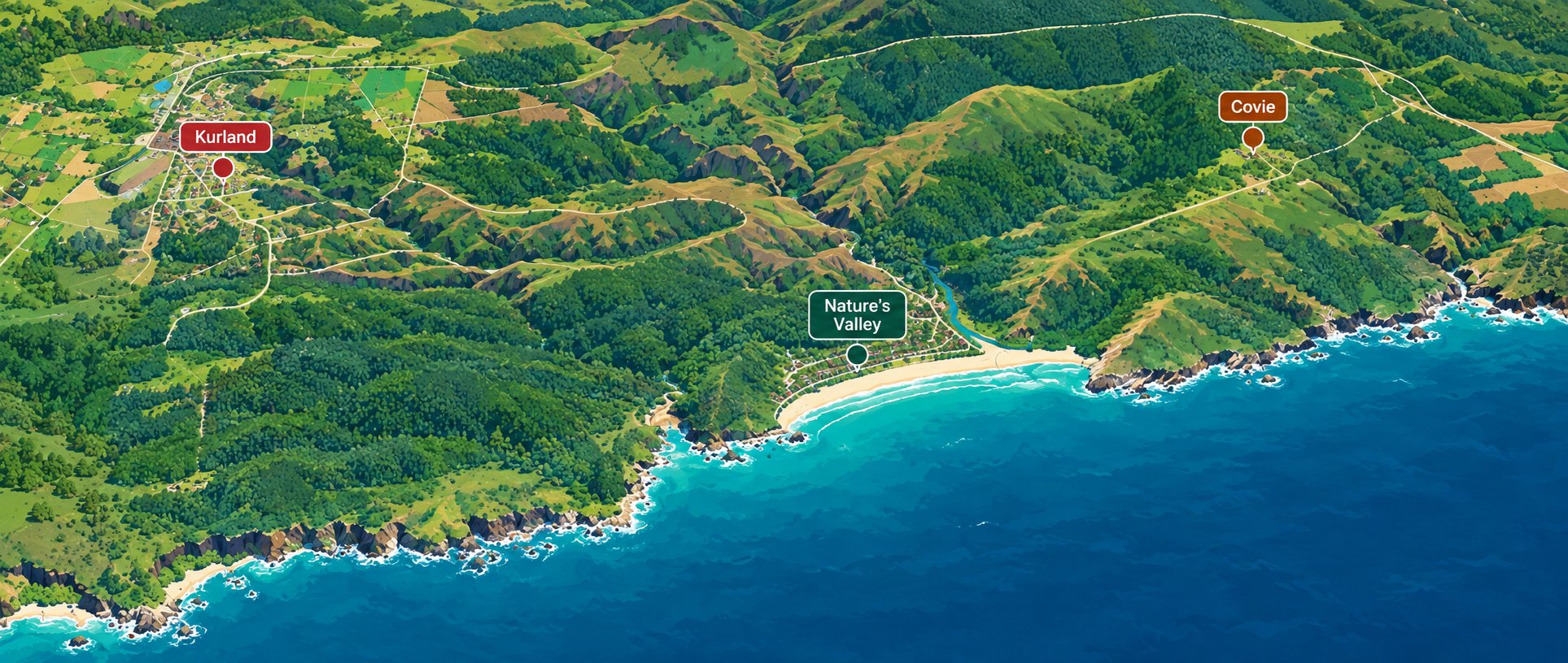 Illustrated map of the coast showing Kurland, Nature’s Valley and Covie